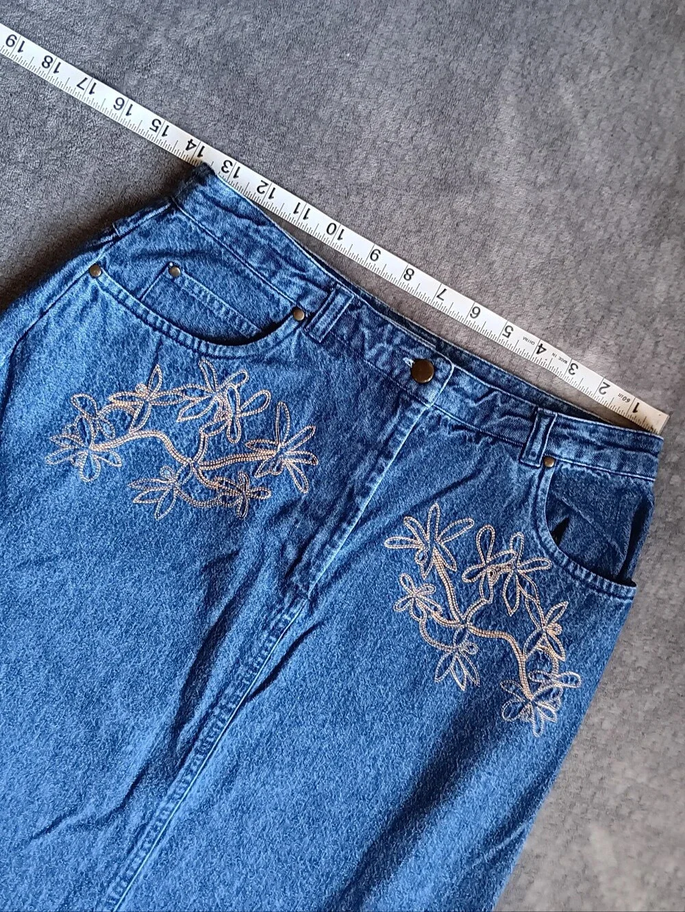 Y2K Blue Denim Cotton Jean Floral Embroidered Skirt, Vintage Westbound Size 8